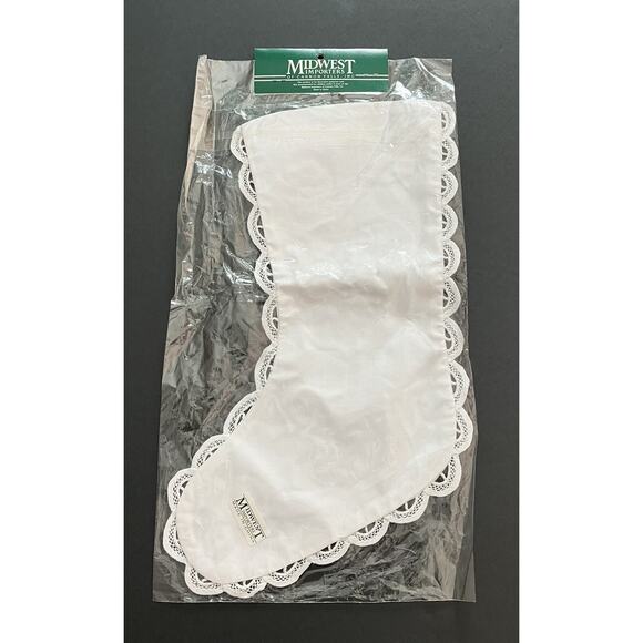 Vtg White Christmas Stocking Linen? Scalloped Lace Border 15X6 Midwest Imports - Picture 2 of 6